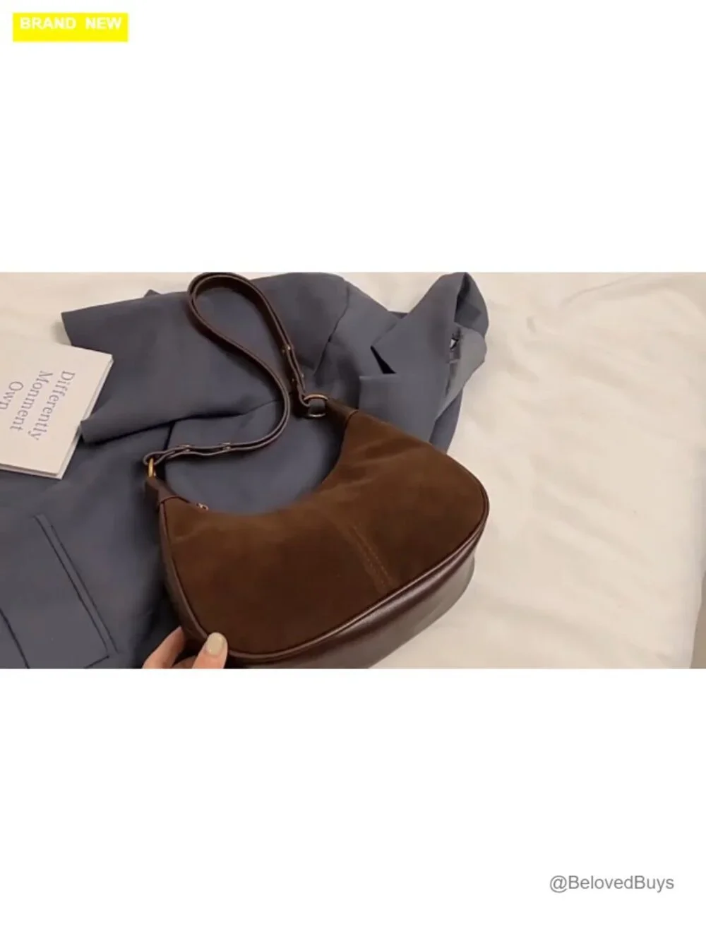 Faux Suede Faux Leather Hobo Crossbody Shoulder Bag Zipper Pocket